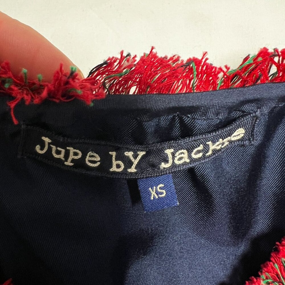 RARE Jupe by Jackie Mask Embroidered Fringe Organza Navy Sleeveless Top XS - Picture 3 of 9